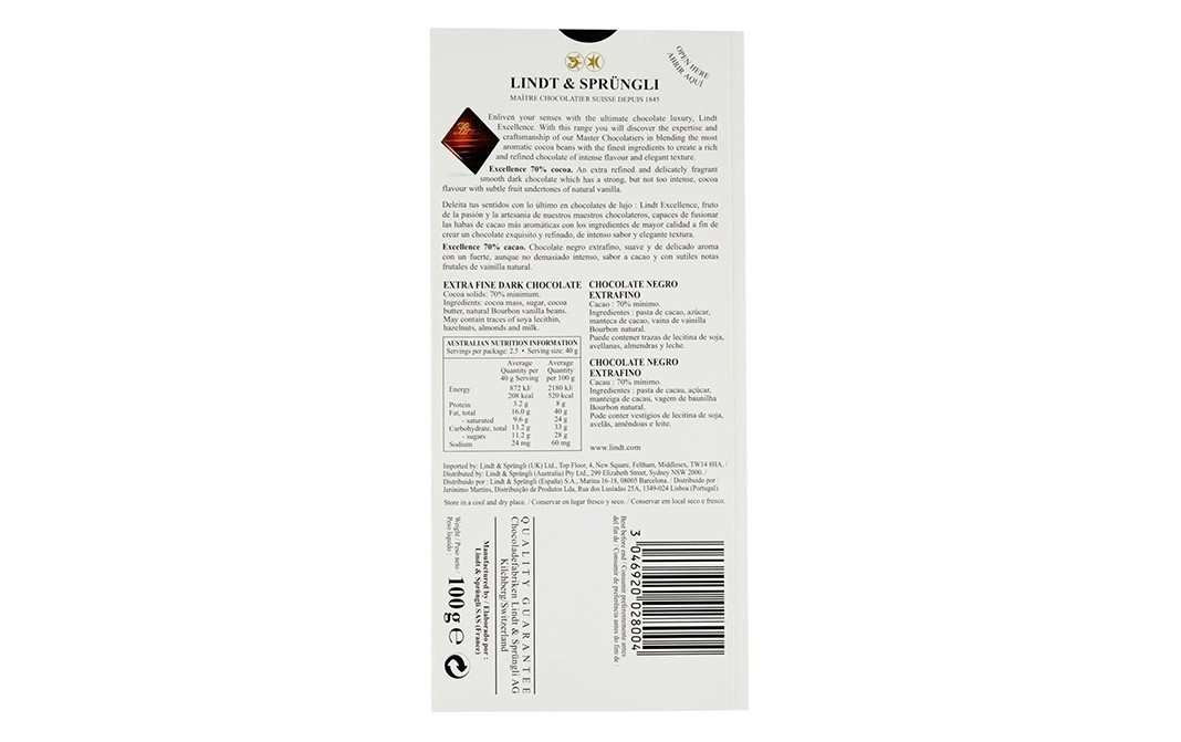 Lindt Excellence 70% Cocoa Dark Chocolate    Box  100 grams